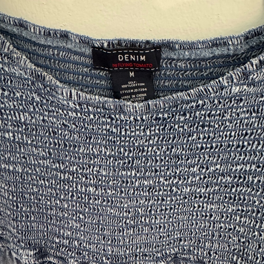 Flying Tomato Acid Wash Denim Smocked Babydoll Mini Dress Size M Boutique - Picture 2 of 7